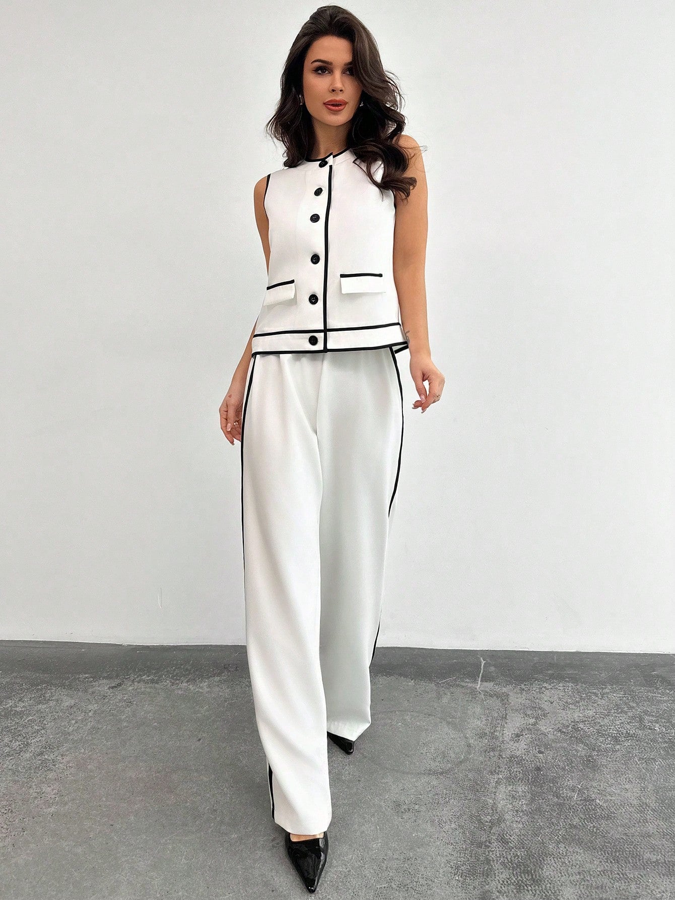Women Elegant Simple Chic Casual Commuting Fashion Contrast Trim Button Sleeveless Top And High Waist Contrast Side Straight Leg Pants Two - Piece Set - Negative Apparel