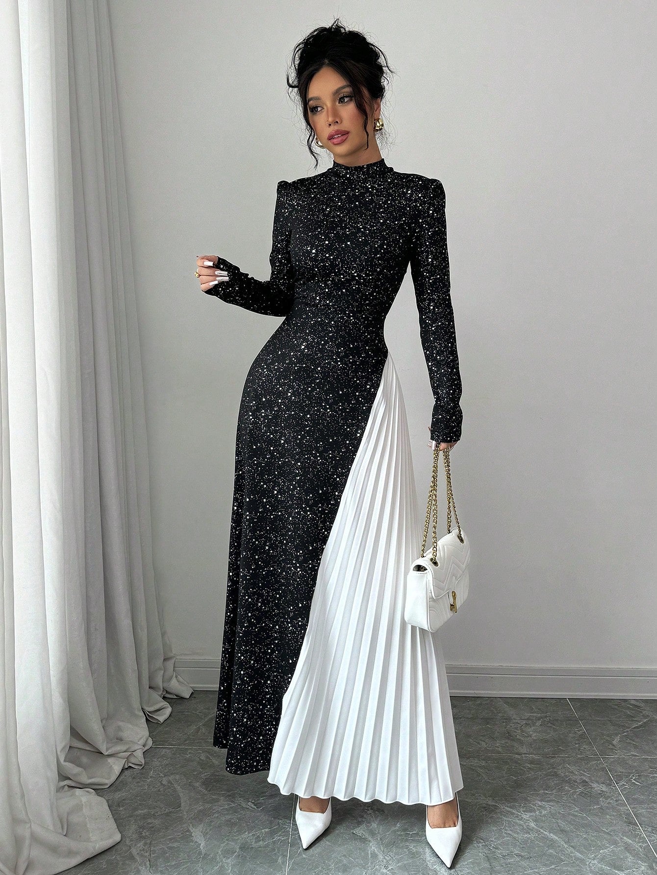Women Knitted Pleated Patchwork Design Dress Maxi Women Outfit - Negative Apparel