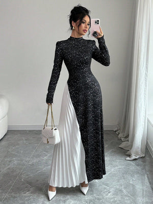 Women Knitted Pleated Patchwork Design Dress Maxi Women Outfit - Negative Apparel