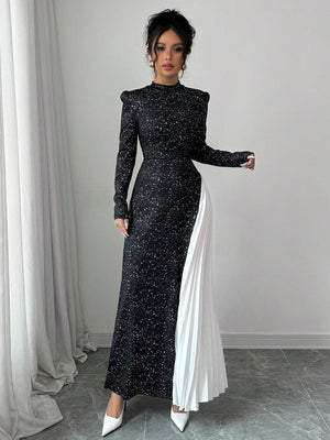 Women Knitted Pleated Patchwork Design Dress Maxi Women Outfit - Negative Apparel