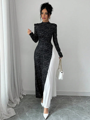 Women Knitted Pleated Patchwork Design Dress Maxi Women Outfit - Negative Apparel