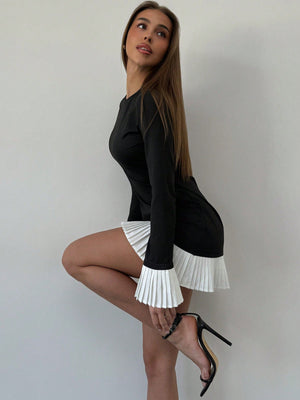 Women Round Neck Long Sleeve Solid Color Splice Casual Short Dress - Negative Apparel