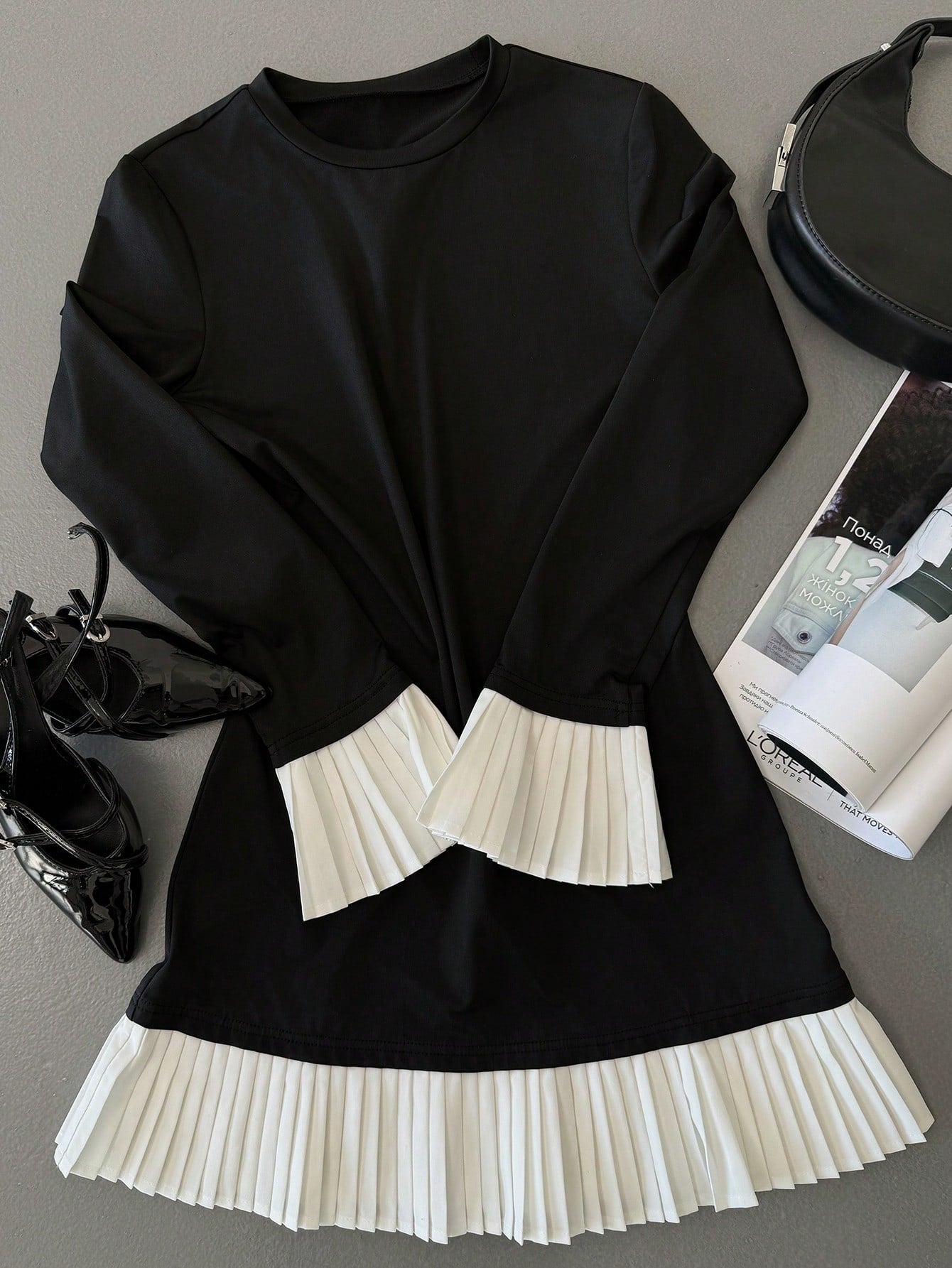 Women Round Neck Long Sleeve Solid Color Splice Casual Short Dress - Negative Apparel