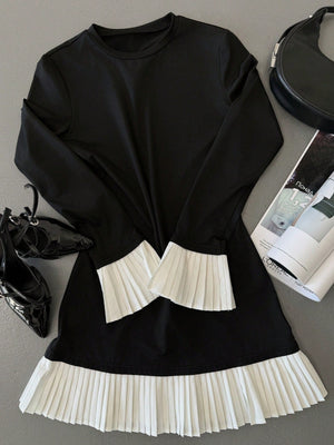 Women Round Neck Long Sleeve Solid Color Splice Casual Short Dress - Negative Apparel