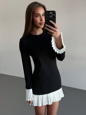 Women Round Neck Long Sleeve Solid Color Splice Casual Short Dress - Negative Apparel