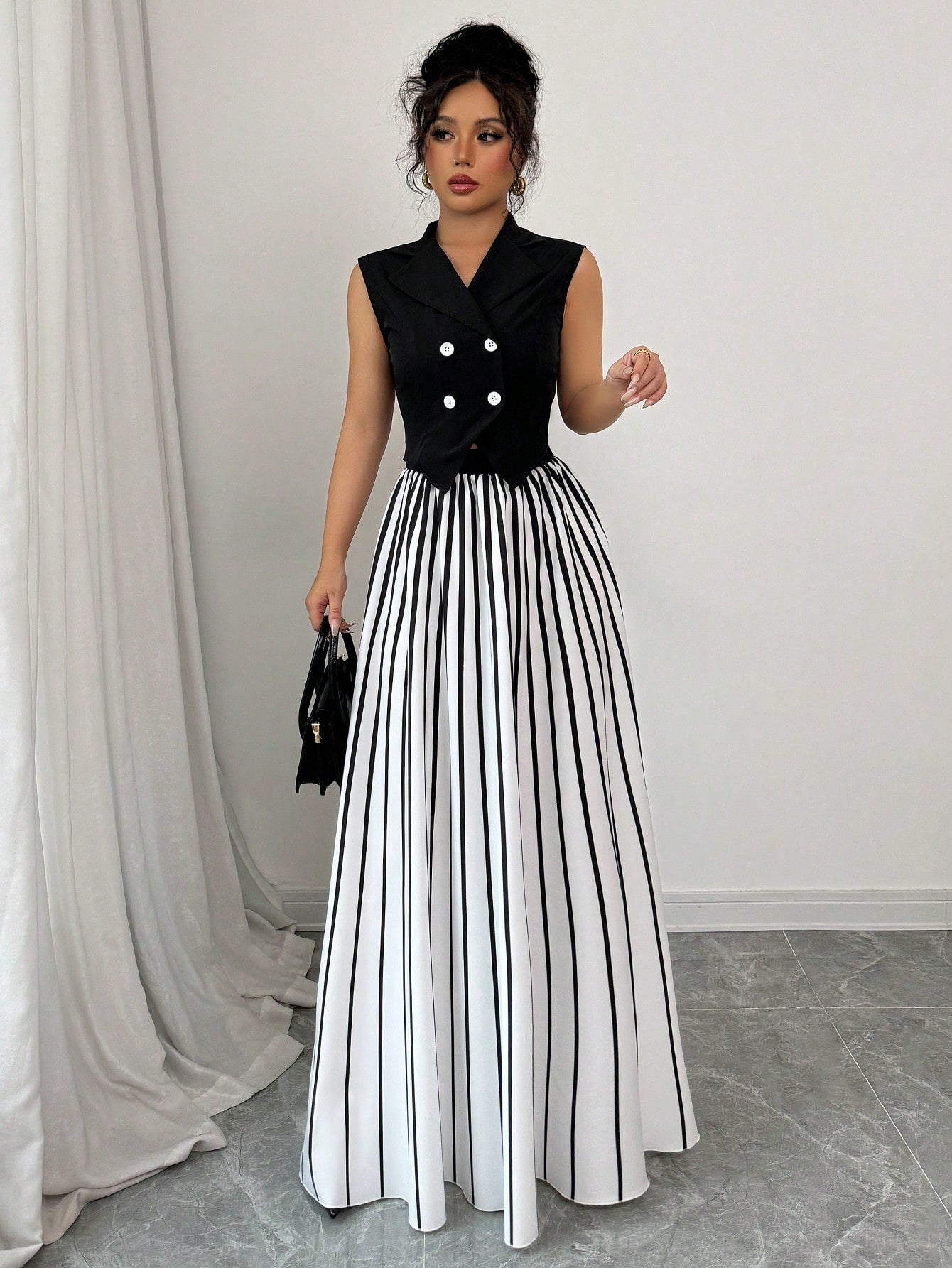 Women Solid Color Halter Neck Sleeveless Woven Top And Pleated Chiffon Skirt Set - Negative Apparel