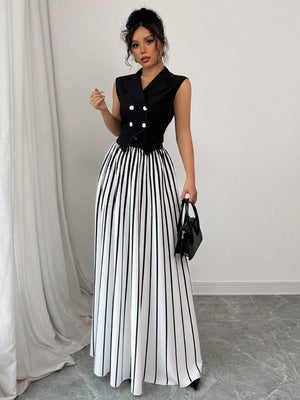 Women Solid Color Halter Neck Sleeveless Woven Top And Pleated Chiffon Skirt Set - Negative Apparel