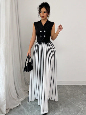 Women Solid Color Halter Neck Sleeveless Woven Top And Pleated Chiffon Skirt Set - Negative Apparel