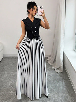 Women Solid Color Halter Neck Sleeveless Woven Top And Pleated Chiffon Skirt Set - Negative Apparel