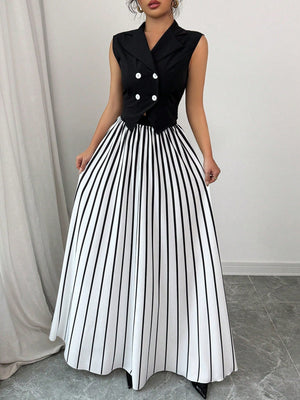 Women Solid Color Halter Neck Sleeveless Woven Top And Pleated Chiffon Skirt Set - Negative Apparel