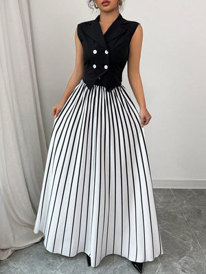 Women Solid Color Halter Neck Sleeveless Woven Top And Pleated Chiffon Skirt Set - Negative Apparel