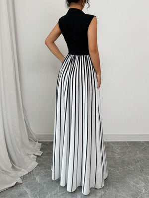 Women Solid Color Halter Neck Sleeveless Woven Top And Pleated Chiffon Skirt Set - Negative Apparel