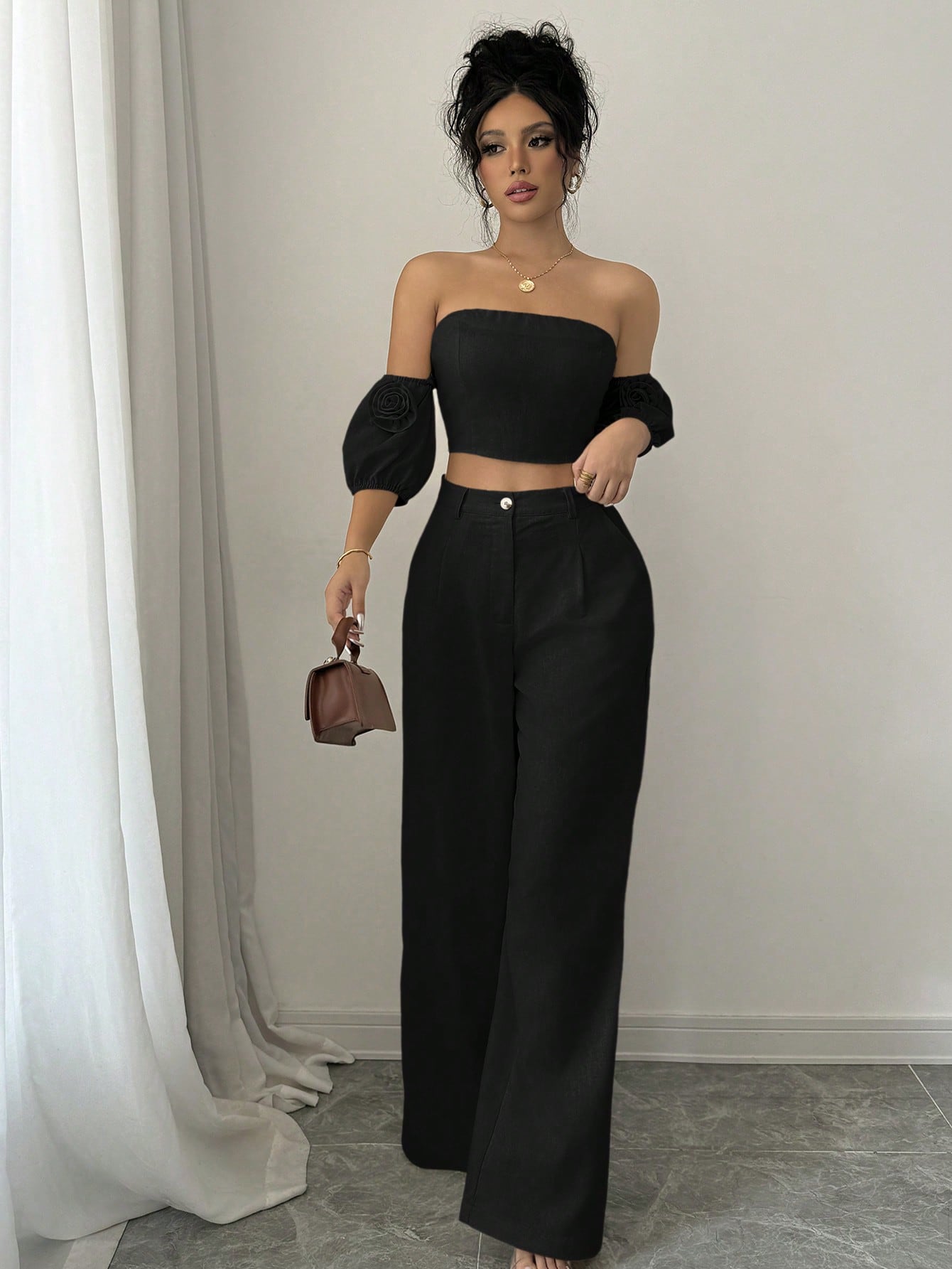 Women Solid Color Off - Shoulder Puff Sleeve Top & Wide Leg Pants 2pcs Fashionable Set - Negative Apparel
