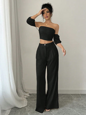 Women Solid Color Off - Shoulder Puff Sleeve Top & Wide Leg Pants 2pcs Fashionable Set - Negative Apparel