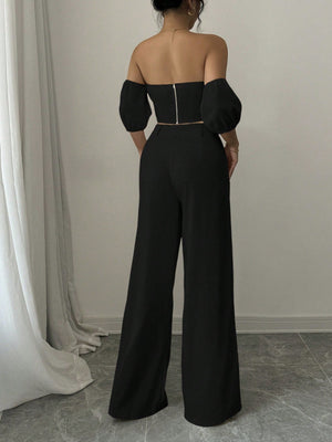 Women Solid Color Off - Shoulder Puff Sleeve Top & Wide Leg Pants 2pcs Fashionable Set - Negative Apparel