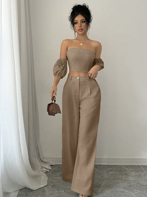 Women Solid Color Off - Shoulder Puff Sleeve Top & Wide Leg Pants 2pcs Fashionable Set - Negative Apparel