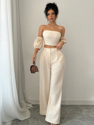 Women Solid Color Off - Shoulder Puff Sleeve Top & Wide Leg Pants 2pcs Fashionable Set - Negative Apparel
