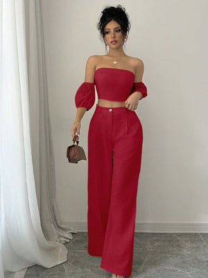 Women Solid Color Off - Shoulder Puff Sleeve Top & Wide Leg Pants 2pcs Fashionable Set - Negative Apparel