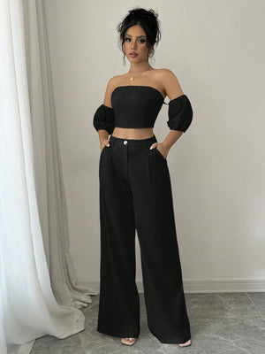 Women Solid Color Off - Shoulder Puff Sleeve Top & Wide Leg Pants 2pcs Fashionable Set - Negative Apparel