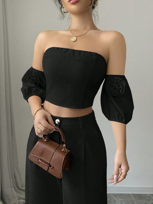 Women Solid Color Off - Shoulder Puff Sleeve Top & Wide Leg Pants 2pcs Fashionable Set - Negative Apparel