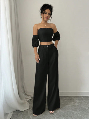 Women Solid Color Off - Shoulder Puff Sleeve Top & Wide Leg Pants 2pcs Fashionable Set - Negative Apparel