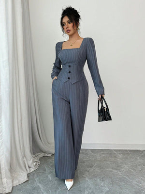 Women Square Collar Striped Blazer Top + Women Striped Suit Pants - Negative Apparel
