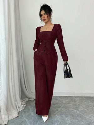 Women Square Collar Striped Blazer Top + Women Striped Suit Pants - Negative Apparel