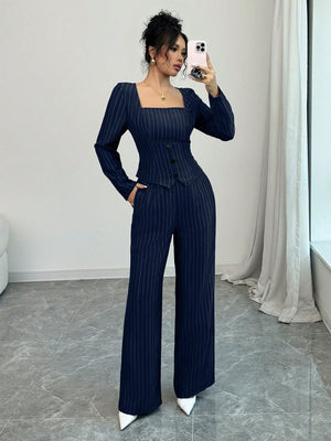 Women Square Collar Striped Blazer Top + Women Striped Suit Pants - Negative Apparel