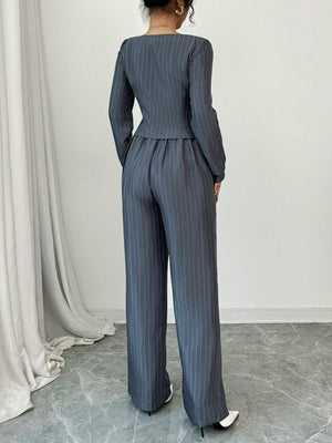 Women Square Collar Striped Blazer Top + Women Striped Suit Pants - Negative Apparel