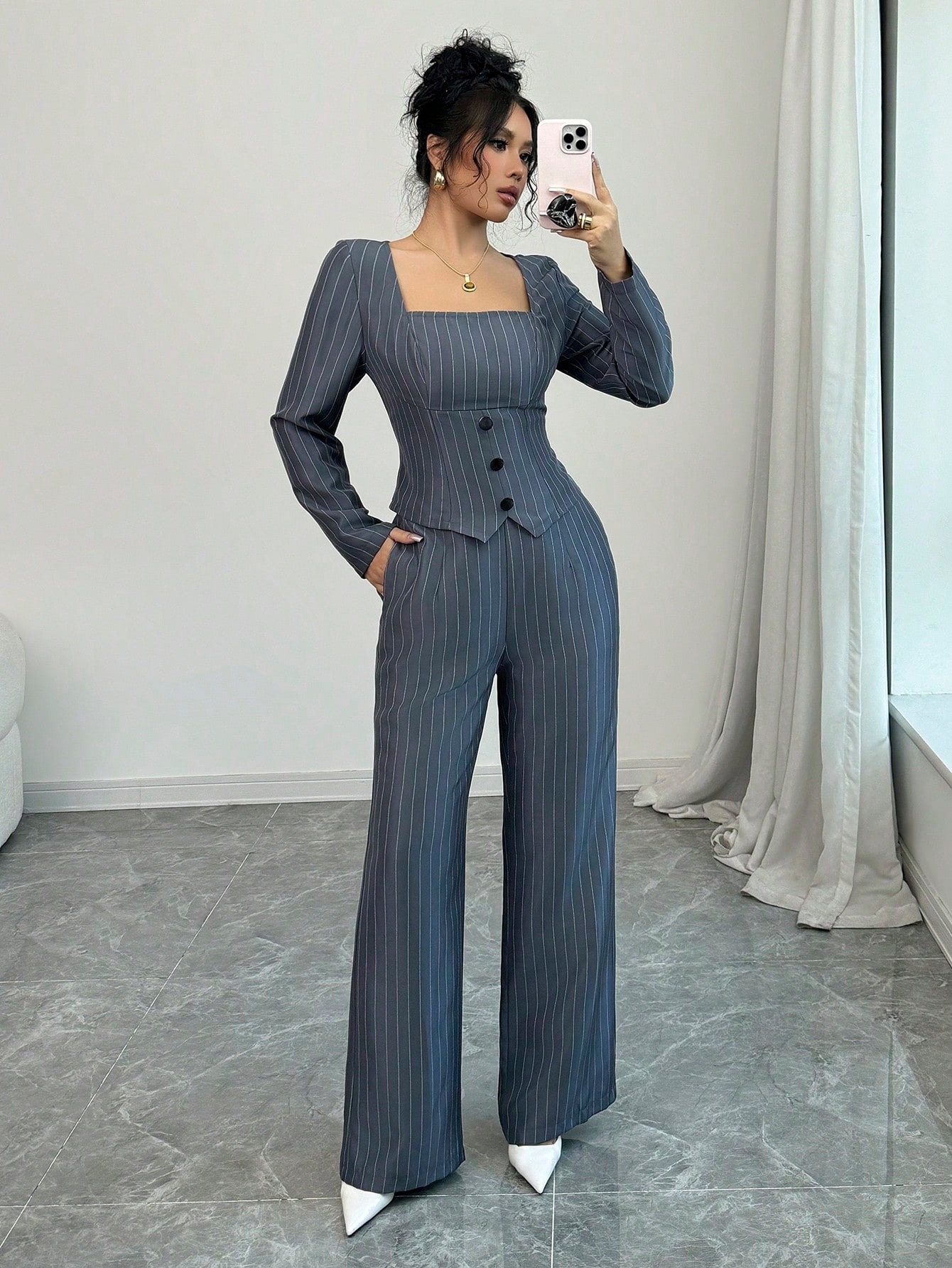 Women Square Collar Striped Blazer Top + Women Striped Suit Pants - Negative Apparel