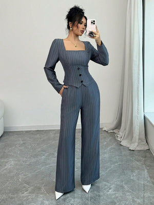 Women Square Collar Striped Blazer Top + Women Striped Suit Pants - Negative Apparel