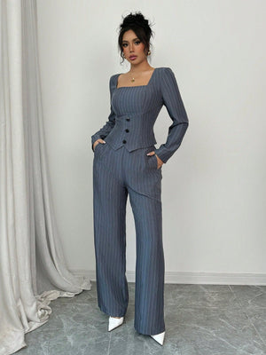 Women Square Collar Striped Blazer Top + Women Striped Suit Pants - Negative Apparel