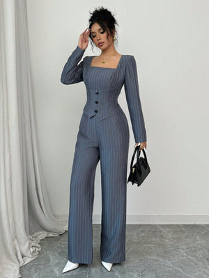 Women Square Collar Striped Blazer Top + Women Striped Suit Pants - Negative Apparel