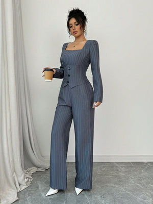 Women Square Collar Striped Blazer Top + Women Striped Suit Pants - Negative Apparel