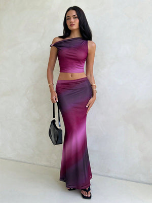 Women's 2Pcs Set Marble & Aurora Print Tie Dye Tie Dye Mesh Stretchy Asymmetric Twist Shoulder Top & Super Low Waist Bodycon Pencil Skirt - Negative Apparel