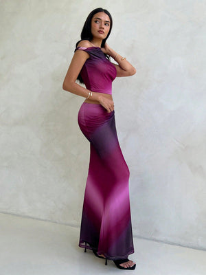 Women's 2Pcs Set Marble & Aurora Print Tie Dye Tie Dye Mesh Stretchy Asymmetric Twist Shoulder Top & Super Low Waist Bodycon Pencil Skirt - Negative Apparel