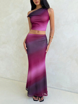 Women's 2Pcs Set Marble & Aurora Print Tie Dye Tie Dye Mesh Stretchy Asymmetric Twist Shoulder Top & Super Low Waist Bodycon Pencil Skirt - Negative Apparel