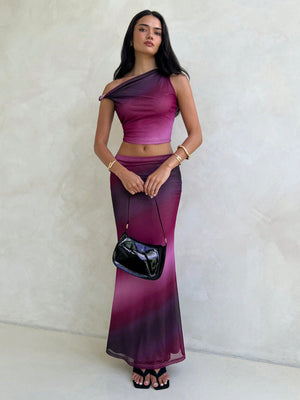 Women's 2Pcs Set Marble & Aurora Print Tie Dye Tie Dye Mesh Stretchy Asymmetric Twist Shoulder Top & Super Low Waist Bodycon Pencil Skirt - Negative Apparel