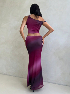 Women's 2Pcs Set Marble & Aurora Print Tie Dye Tie Dye Mesh Stretchy Asymmetric Twist Shoulder Top & Super Low Waist Bodycon Pencil Skirt - Negative Apparel