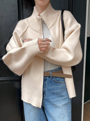 Women’s 3D Effect Wool Blend Zipper Sweater – Loose Fit Stand Collar Cardigan, Spring 2025 - Negative Apparel