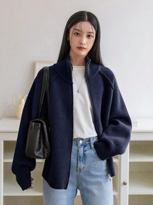 Women’s 3D Effect Wool Blend Zipper Sweater – Loose Fit Stand Collar Cardigan, Spring 2025 - Negative Apparel