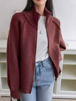 Women’s 3D Effect Wool Blend Zipper Sweater – Loose Fit Stand Collar Cardigan, Spring 2025 - Negative Apparel