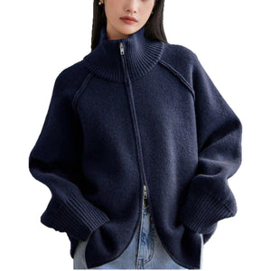 Women’s 3D Effect Wool Blend Zipper Sweater – Loose Fit Stand Collar Cardigan, Spring 2025 - Negative Apparel