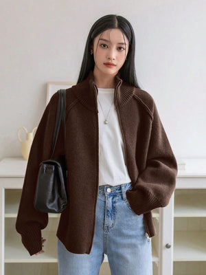 Women’s 3D Effect Wool Blend Zipper Sweater – Loose Fit Stand Collar Cardigan, Spring 2025 - Negative Apparel