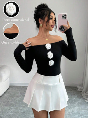 Women's 3D flower off - the - shoulder one - word collar slim - fitting long - sleeved T-shirt top women - Negative Apparel