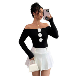 Women's 3D flower off - the - shoulder one - word collar slim - fitting long - sleeved T-shirt top women - Negative Apparel