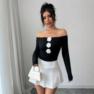 Women's 3D flower off - the - shoulder one - word collar slim - fitting long - sleeved T-shirt top women - Negative Apparel