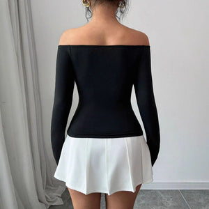 Women's 3D flower off - the - shoulder one - word collar slim - fitting long - sleeved T-shirt top women - Negative Apparel