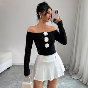 Women's 3D flower off - the - shoulder one - word collar slim - fitting long - sleeved T-shirt top women - Negative Apparel