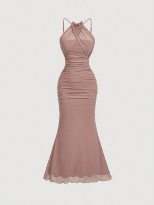 Women's Apricot Color Halter Neck Fish Tail Hem Long Dress FD - Negative Apparel